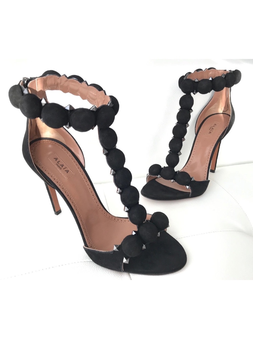 $1.7K Azzedine Alaia Bombe Pom Pom Stud T-STRAP Sandals BLACK SUEDE LEATHER 36.5